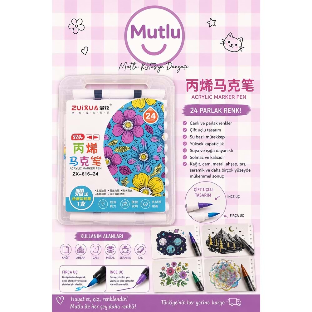 ZUİXUA 24 LÜ AKRİLİK KALEM ÇİFT TARAFLI