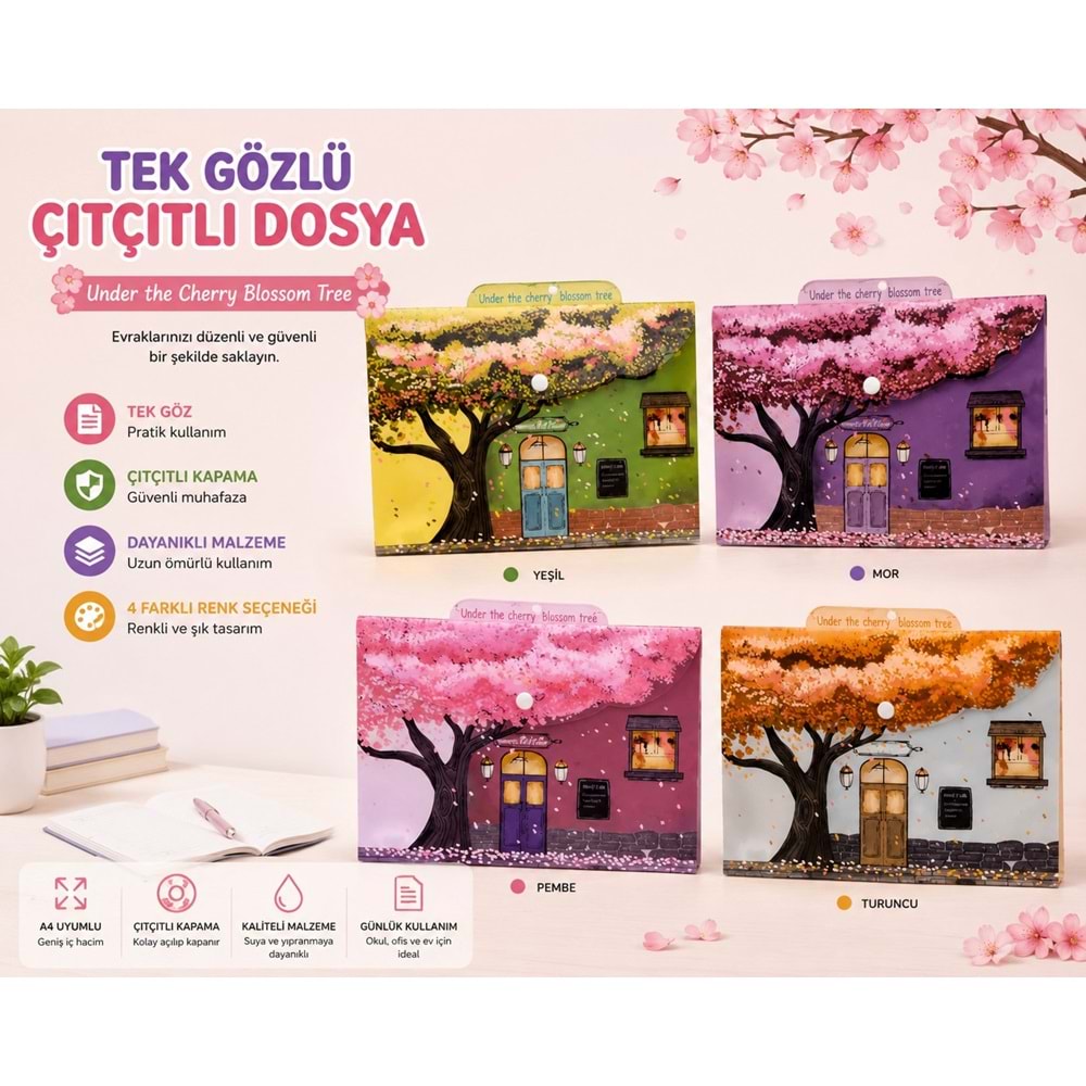 KİRAZ ÇİÇEĞİ SAKURA TEMALI SİMLİ A4 ÇITÇITLI DOSYA
