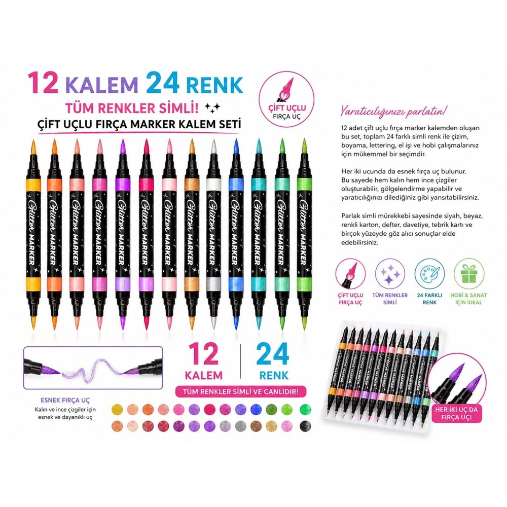 Premium Color Glitter Dual-Tip SİMLİ 12 ADET KALEM 24 RENK