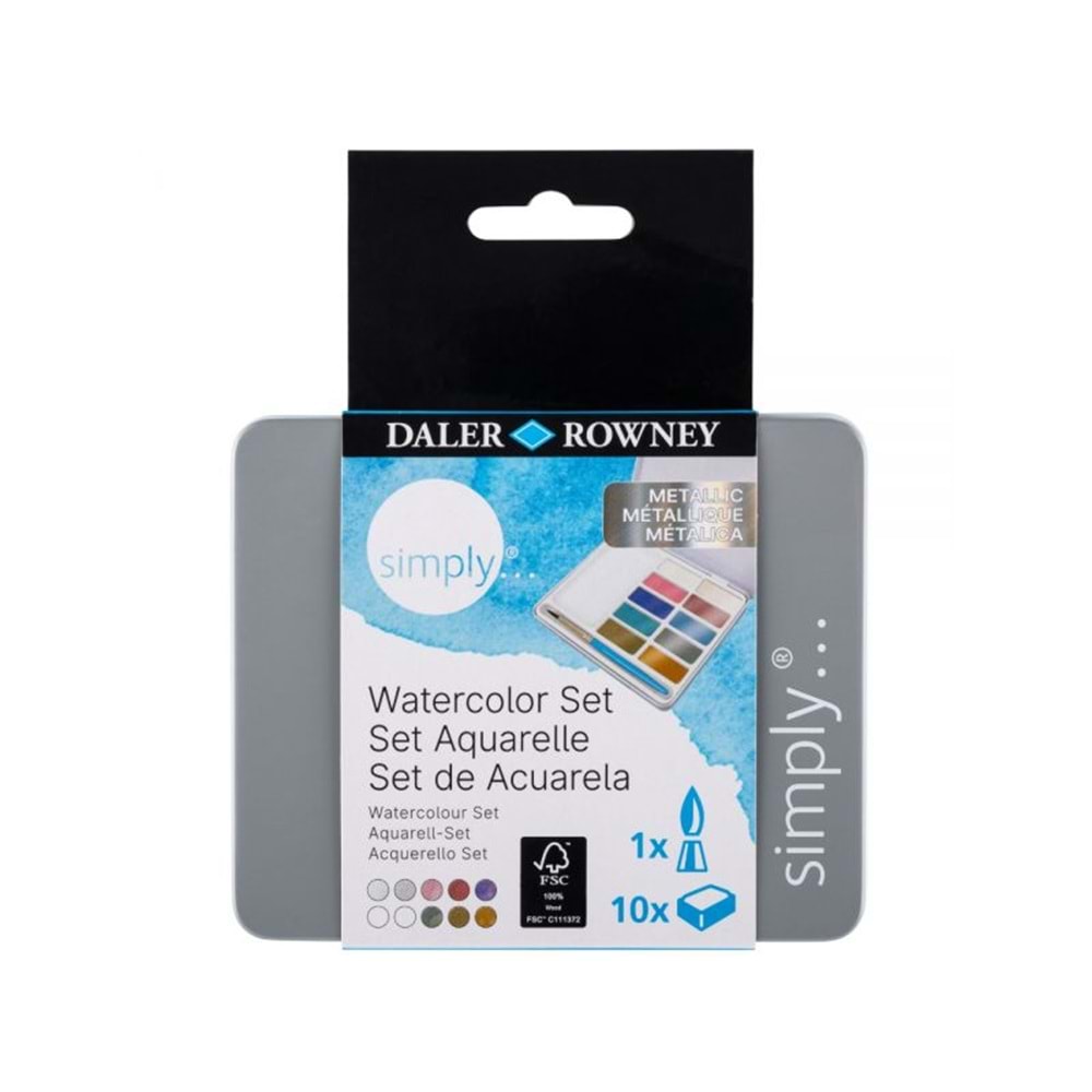 Daler Rowney Sımply Watercolor Sulu Boya Seti Metalik Renkler 10'Lu (10 Renk+1 Ad Fırça) Teneke Kutu