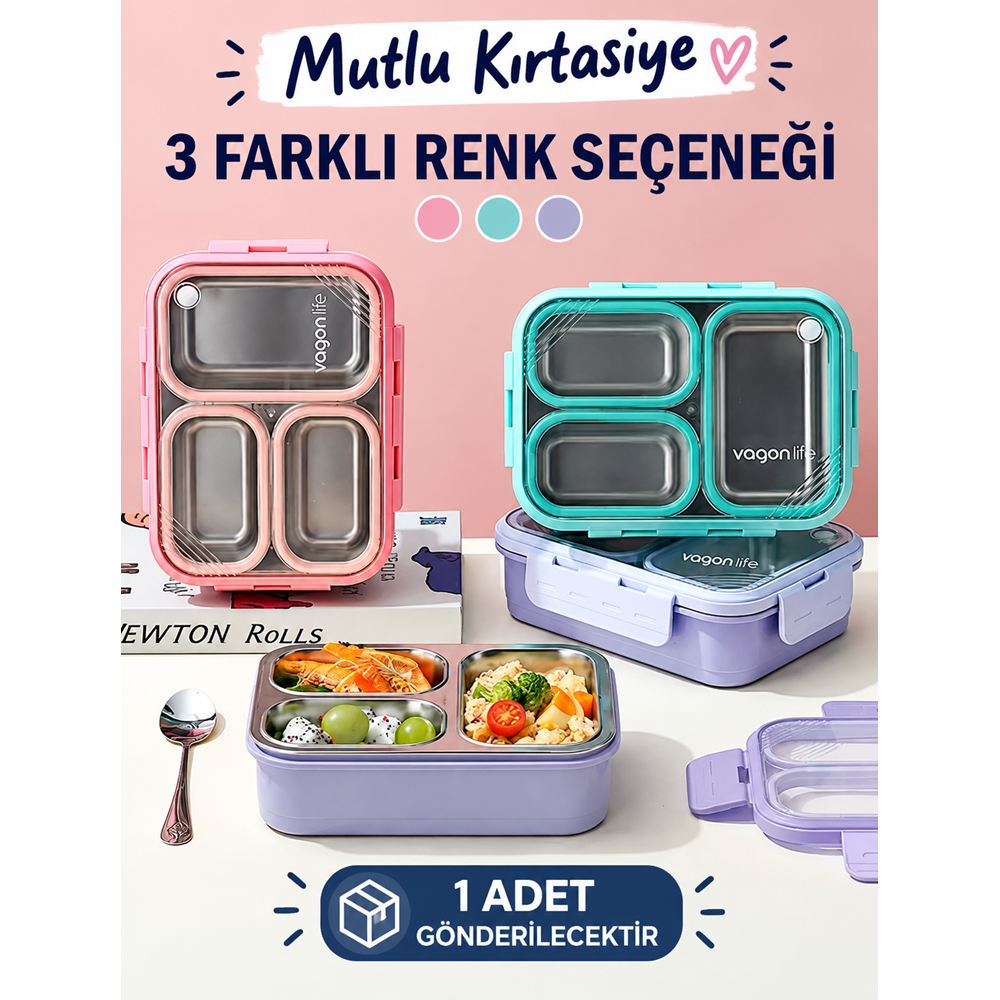 Vagon Life Lunch Box 620 ML Tek Kat Üç Bölmeli Metal Kaşıklı