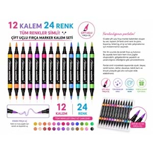 Premium Color Glitter Dual-Tip SİMLİ 12 ADET KALEM 24 RENK