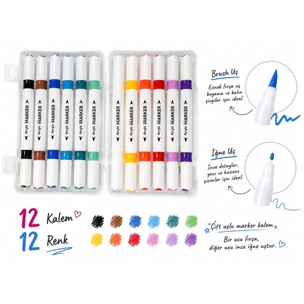 ACRYLİK MARKER 12 ADET ÇİFT UÇLU